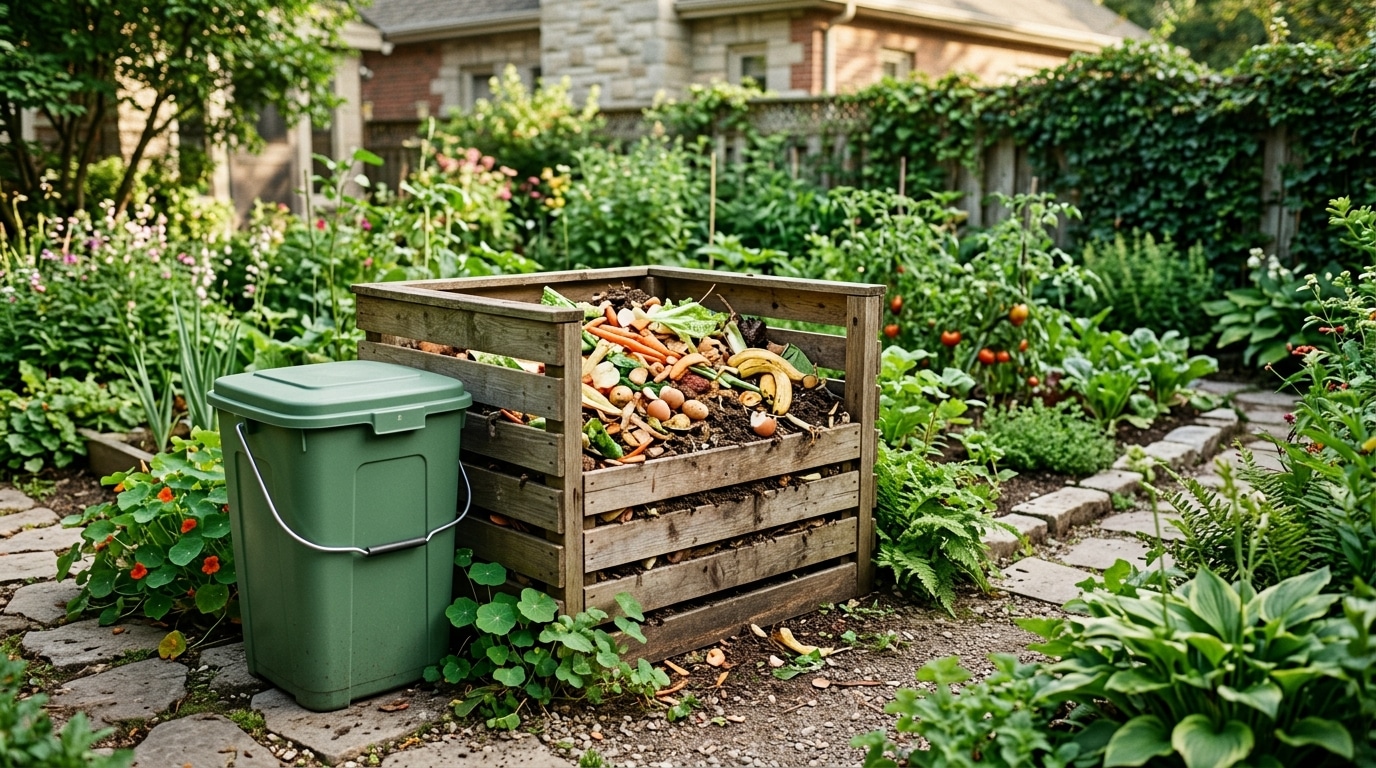 Bac à compost rempli d'épluchures de légumes dans un jardin