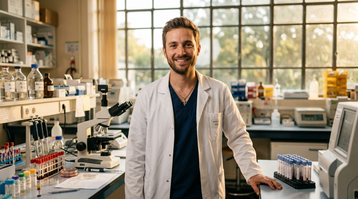 Technicien de laboratoire vétérinaire souriant dans son laboratoire