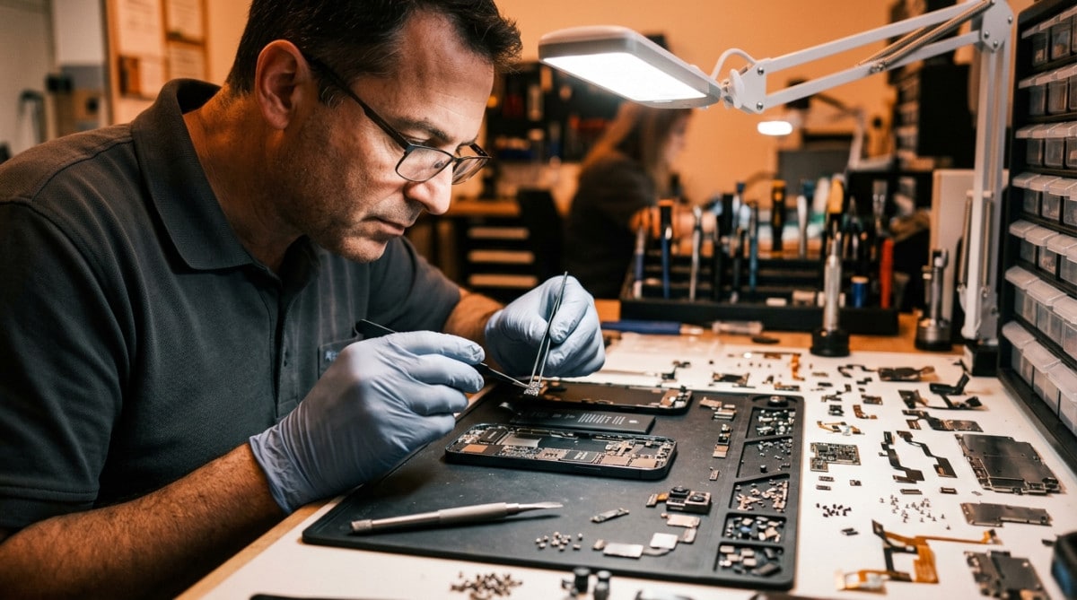 Technicien démontant un smartphone sur un établi