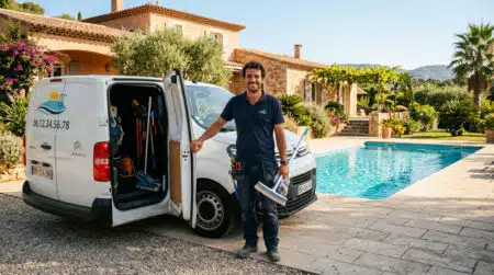 Technicien pisciniste souriant devant son fourgon professionnel