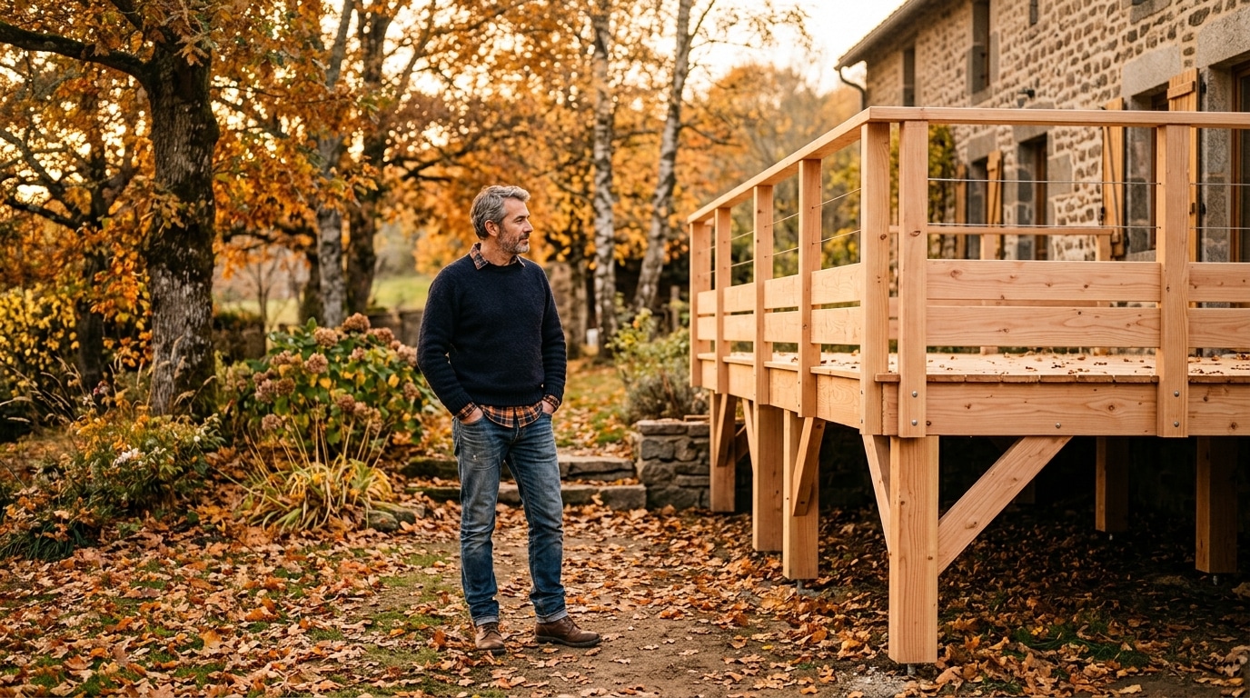 Propriétaire observant une terrasse surélevée en bois à l'automne