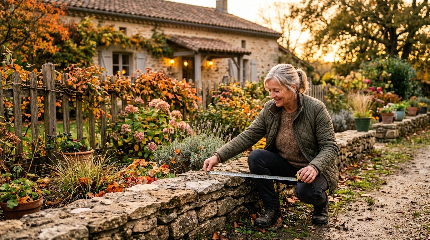 Femme mesurant la hauteur d'un muret de jardin en pierre