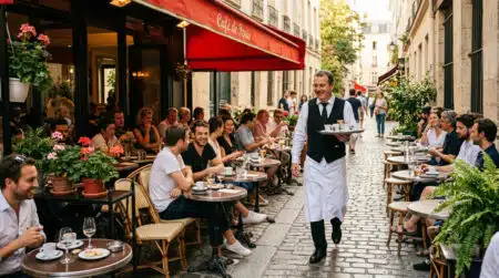 Terrasse de bistrot parisien avec tables rondes serrées