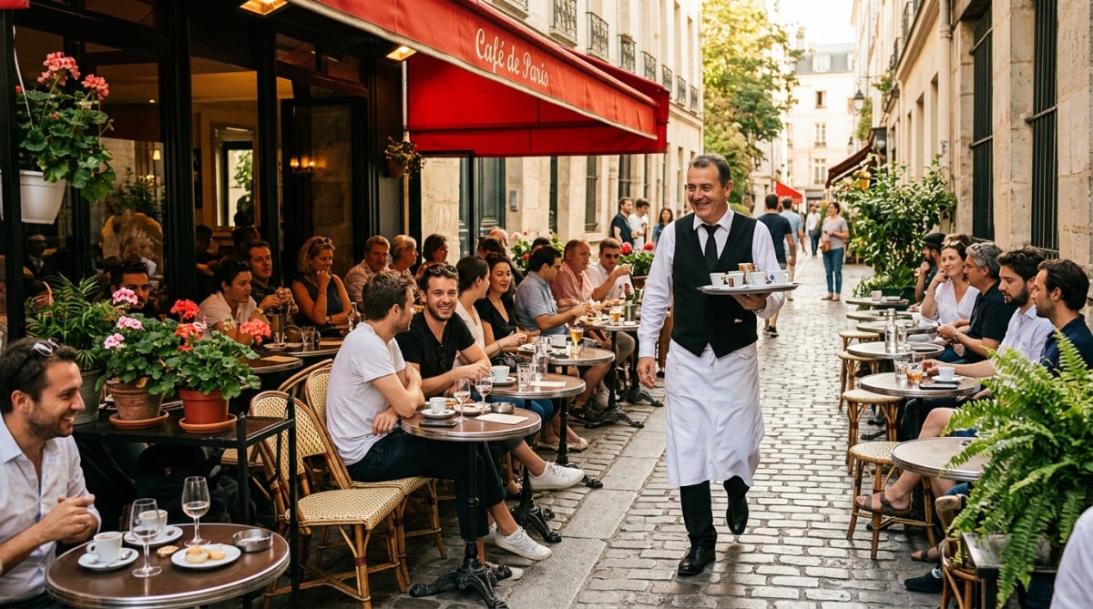 Terrasse de bistrot parisien avec tables rondes serrées