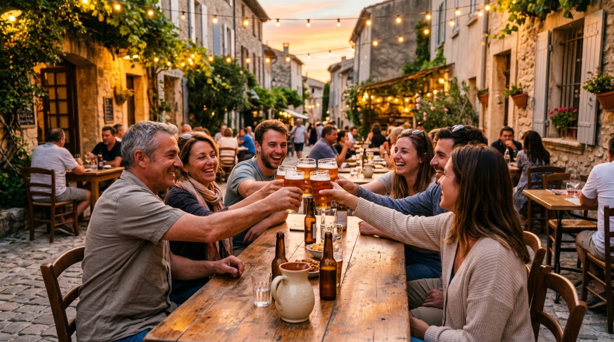 Terrasse ensoleillée avec des amis buvant de la bière