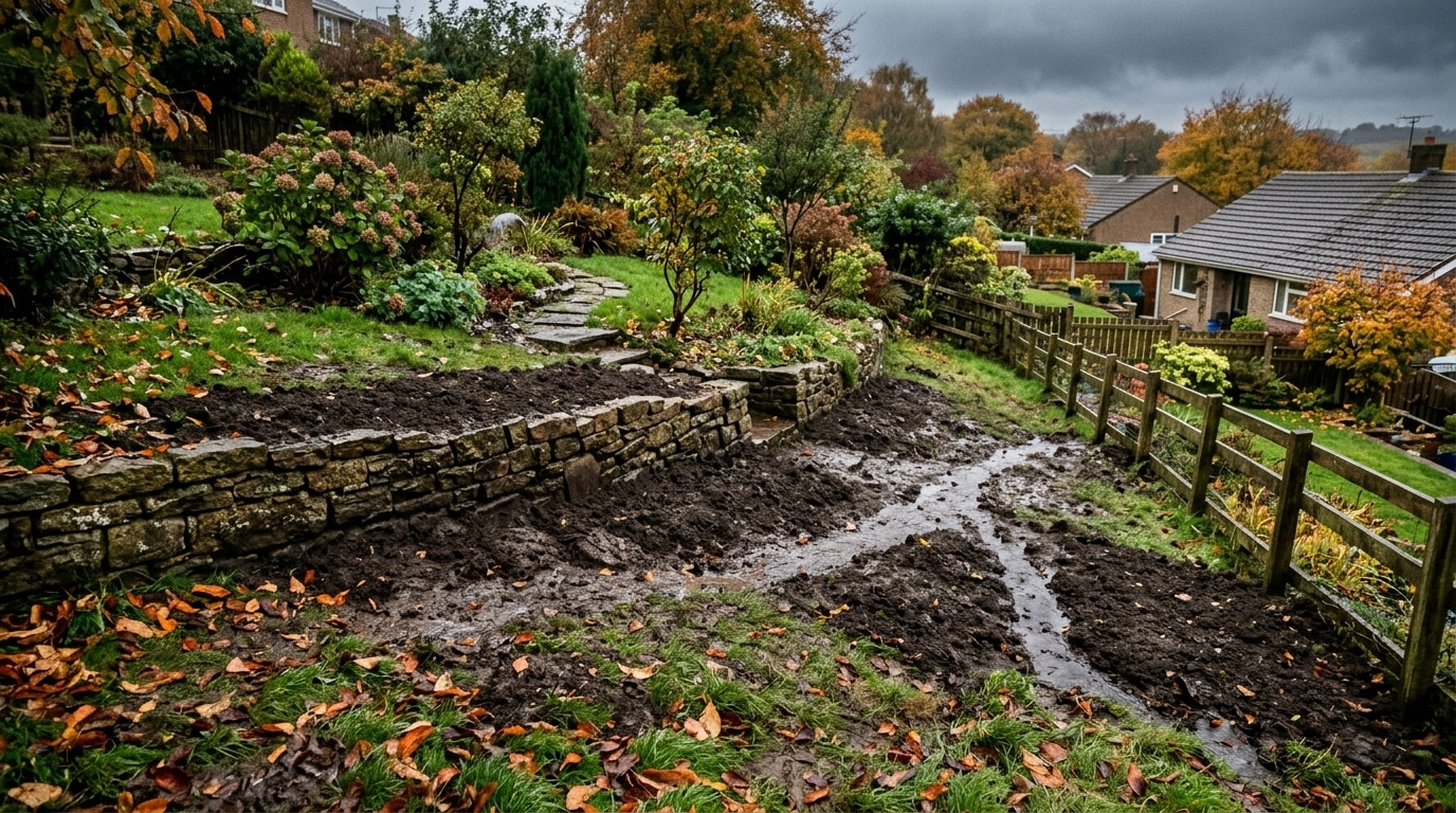 Jardin en pente avec terre de remblai et eau de pluie