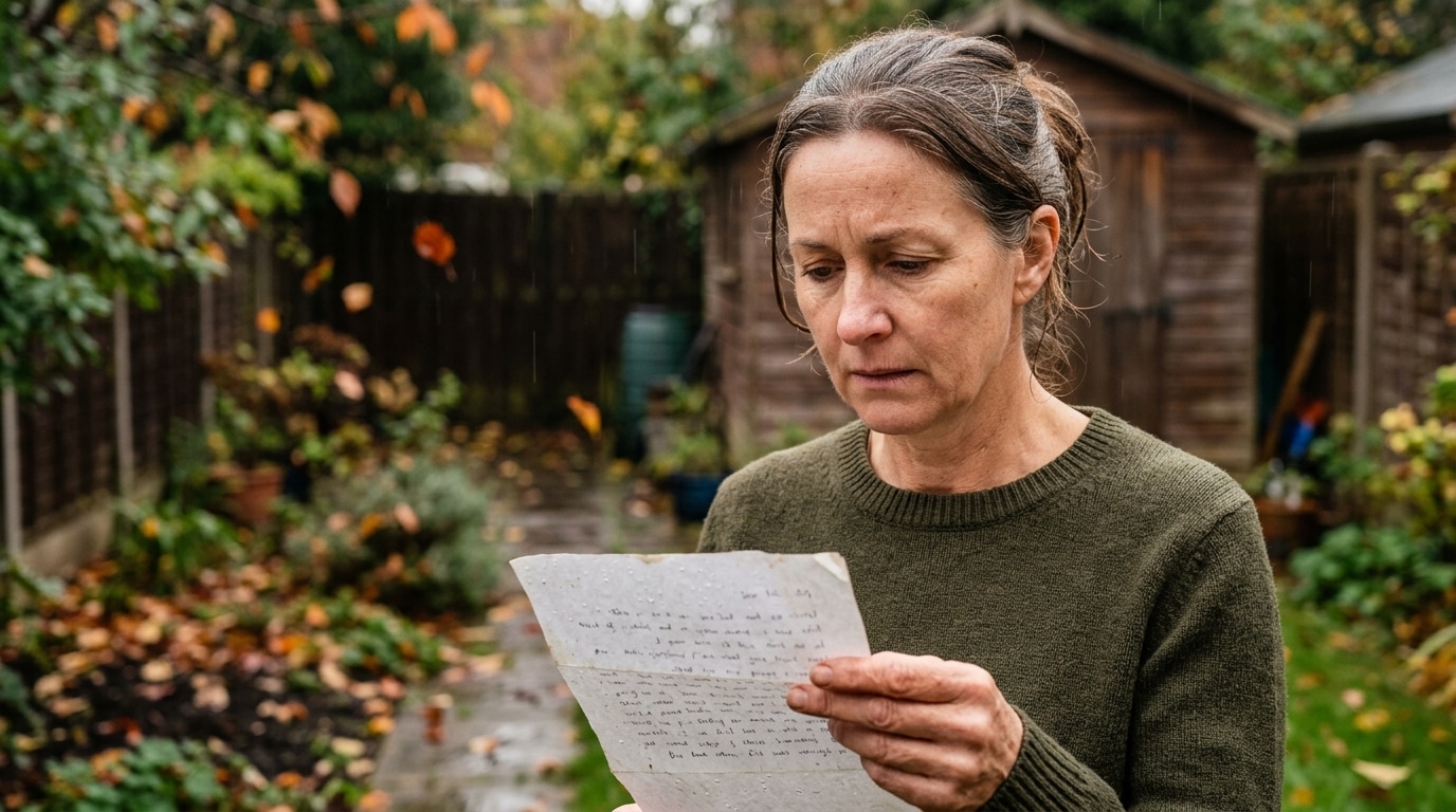 Homme inquiet tenant une lettre devant son jardin