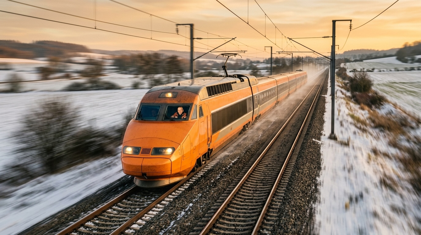 TGV orange à pleine vitesse lors du record