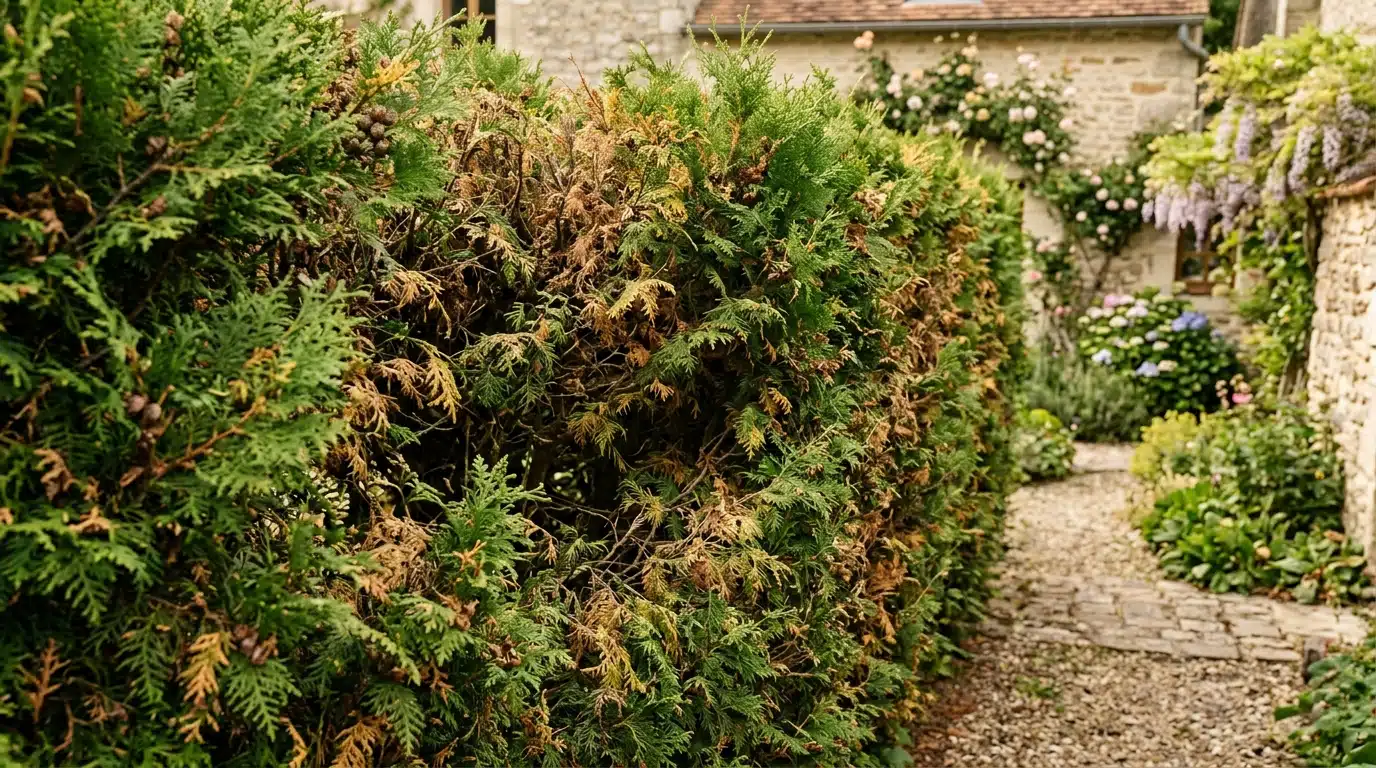 Haie de thuyas brunie et dégarnie dans un jardin