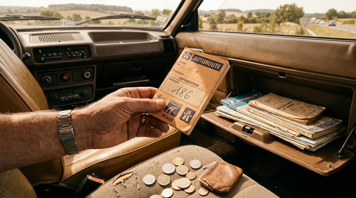 Ticket cartonné et pièces de monnaie au péage