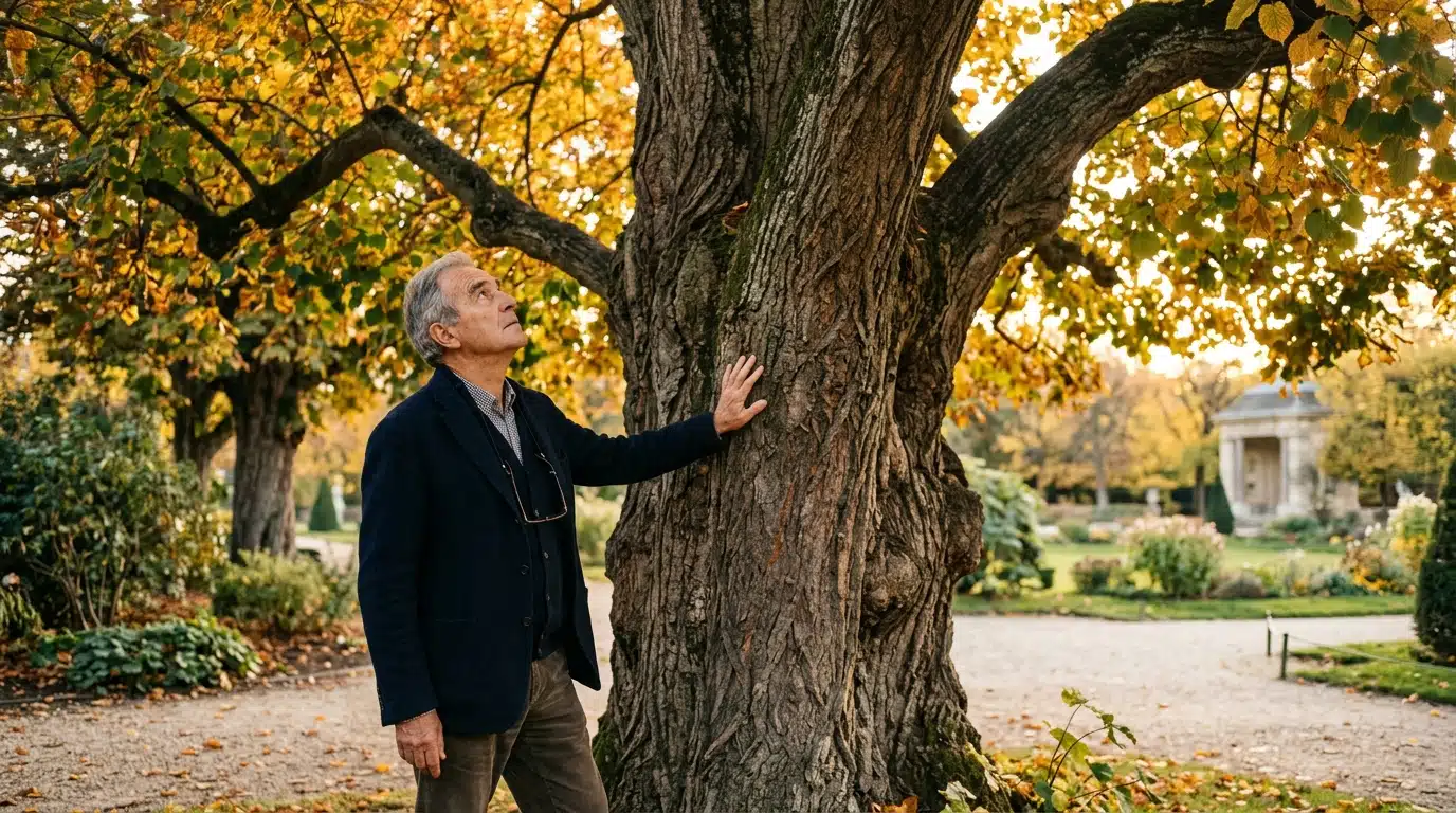 Homme âgé devant un tilleul centenaire dans son jardin