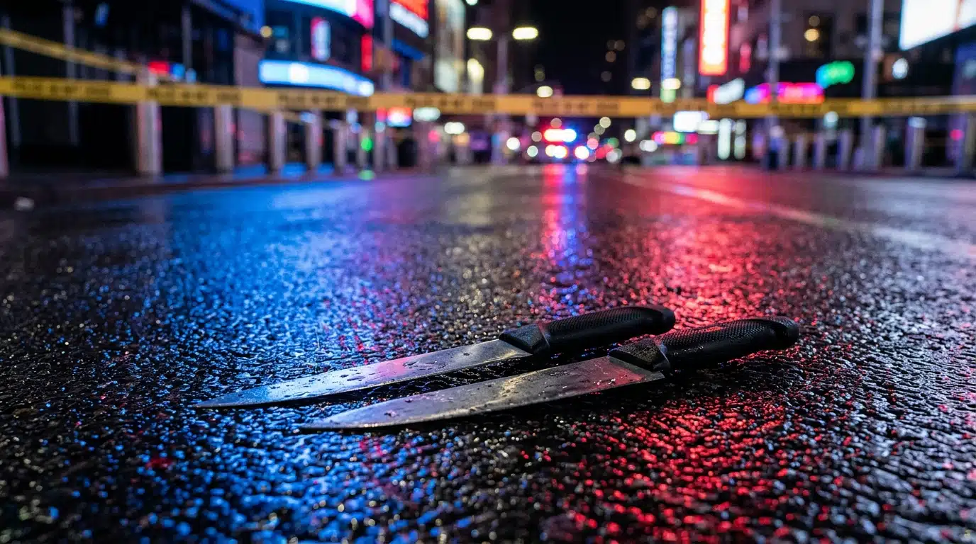 Couteaux au sol éclairés par gyrophares de police