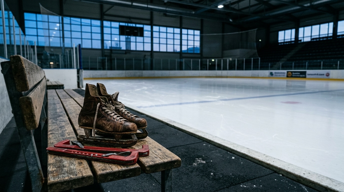 Patins usés et protège-lames posés sur un banc