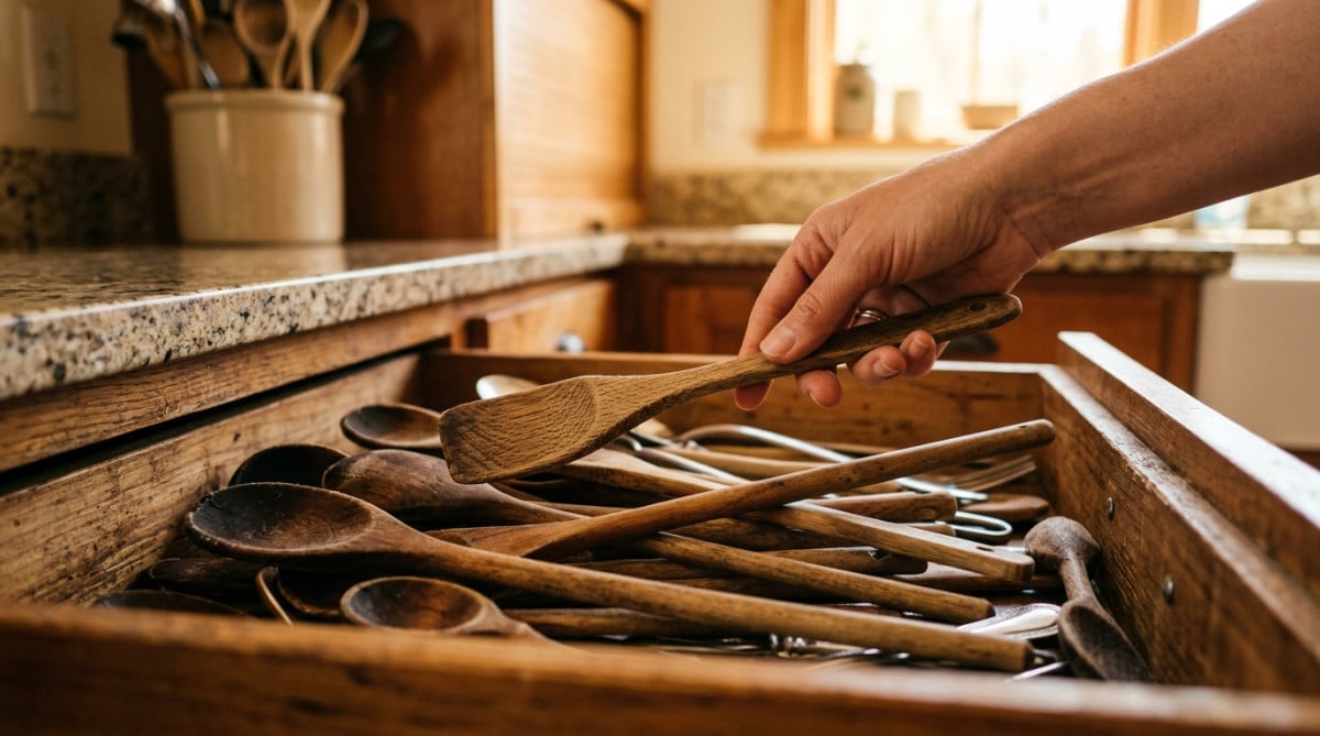 Tiroir de cuisine encombré d'ustensiles de cuisine en bois