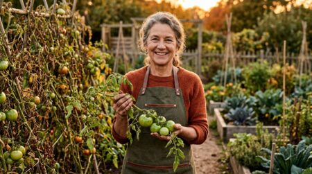 Femme souriante tenant des tomates vertes au potager