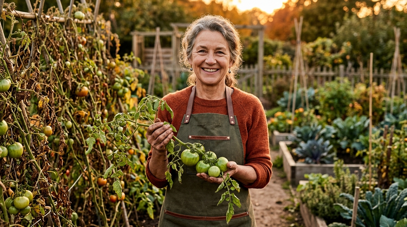 Femme souriante tenant des tomates vertes au potager
