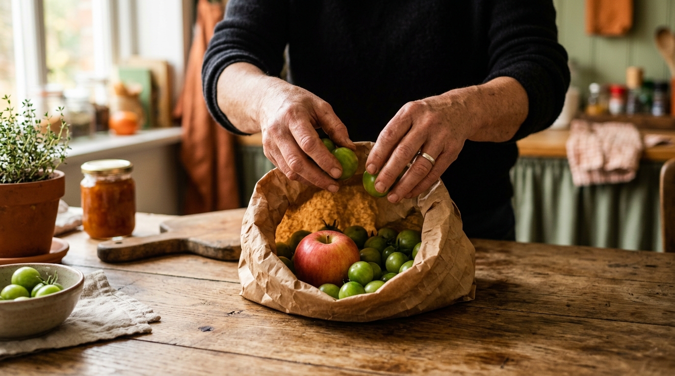 Tomates vertes et pomme dans un sac en papier