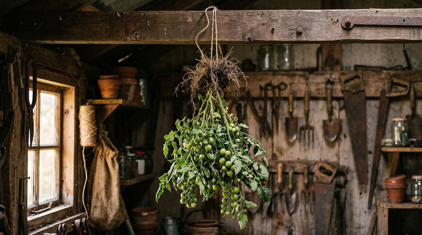 Plant de tomates suspendu tête en bas dans un garage