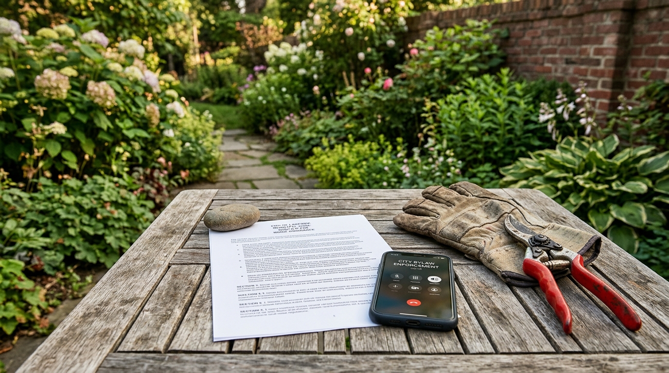 Document d'arrêté municipal posé près d'outils de jardin
