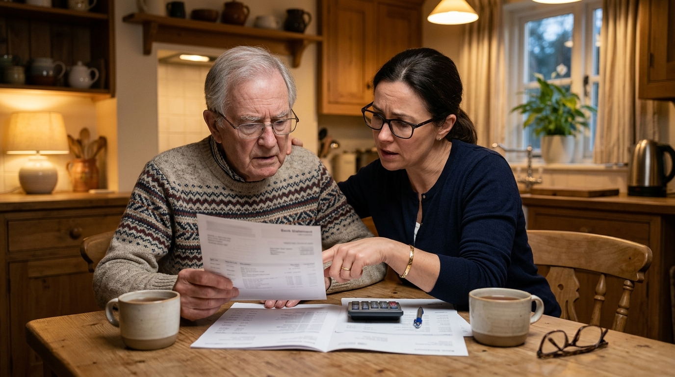 Famille vérifiant ensemble les comptes d'un senior