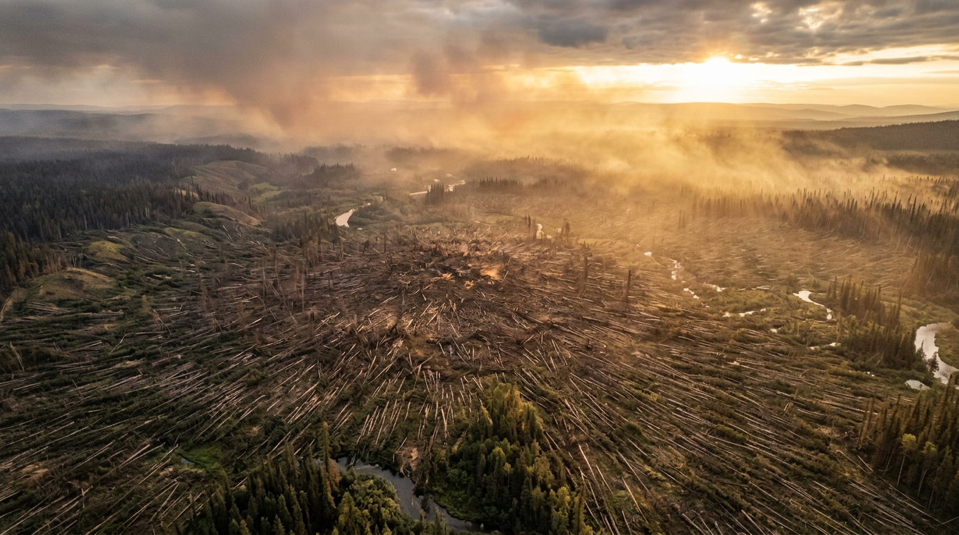Forêt sibérienne d'arbres abattus vue du ciel