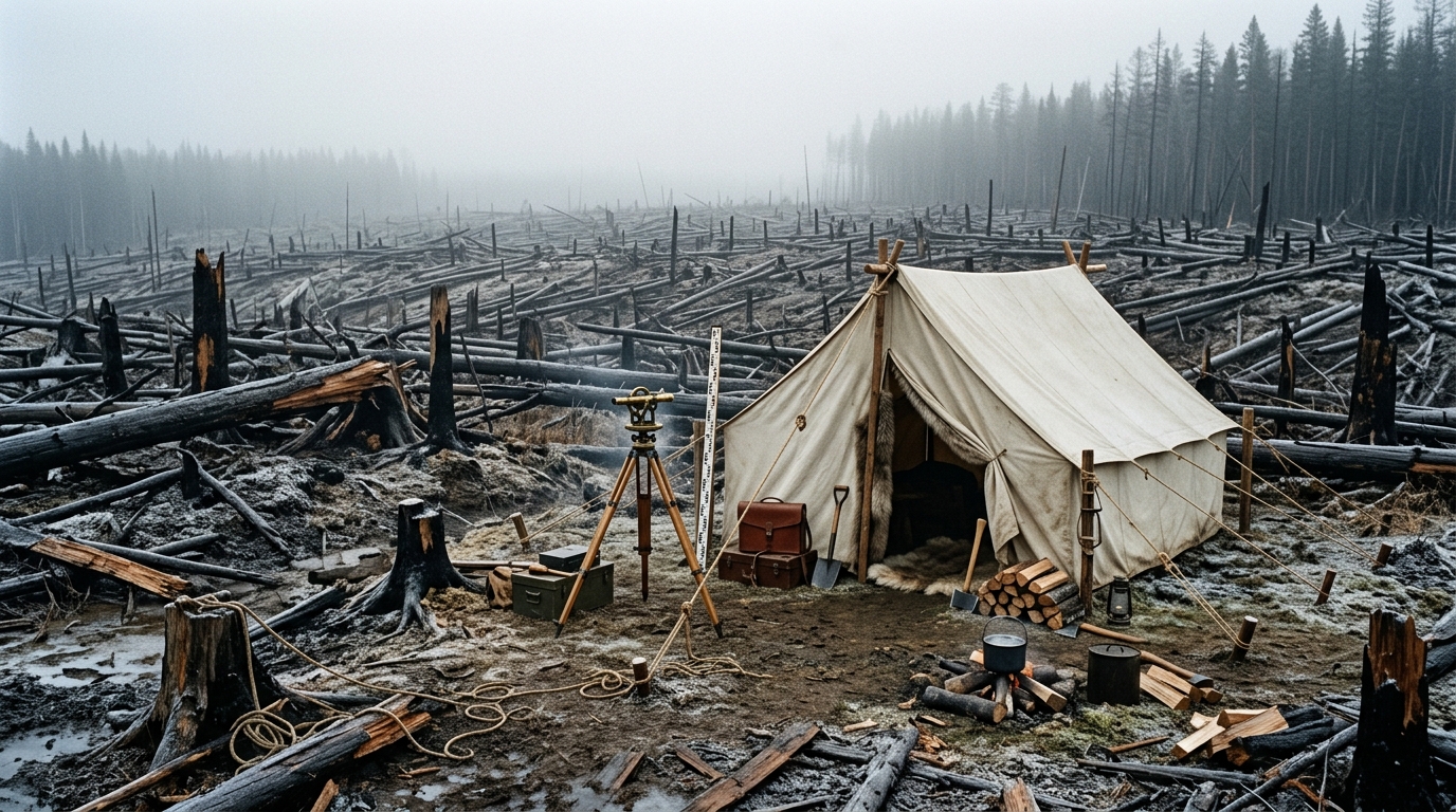 Campement d'expédition au bord d'arbres couchés