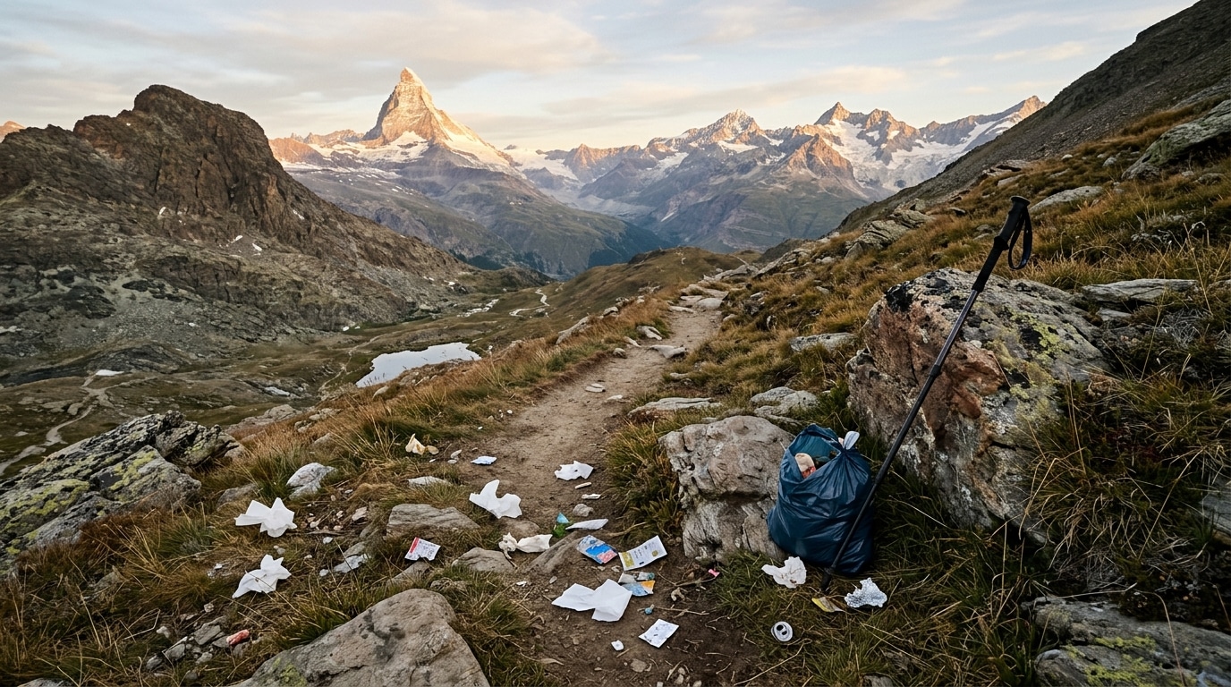 Déchets et lingettes abandonnés près d'un bivouac