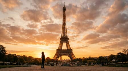 Tour Eiffel au coucher du soleil vue d'en bas