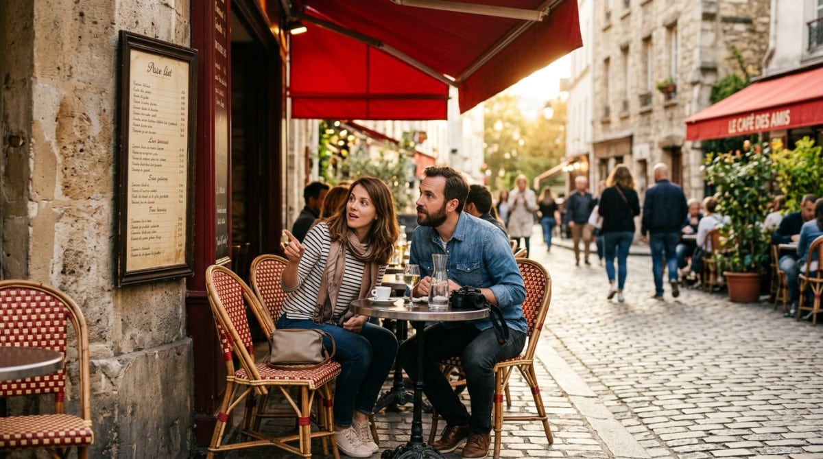 Touristes découvrent l'affiche des tarifs café en terrasse