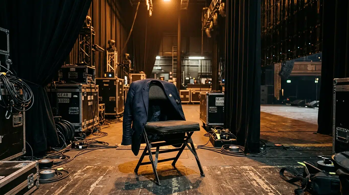 Coulisses vides d'une salle de concert dans une lumière ambrée