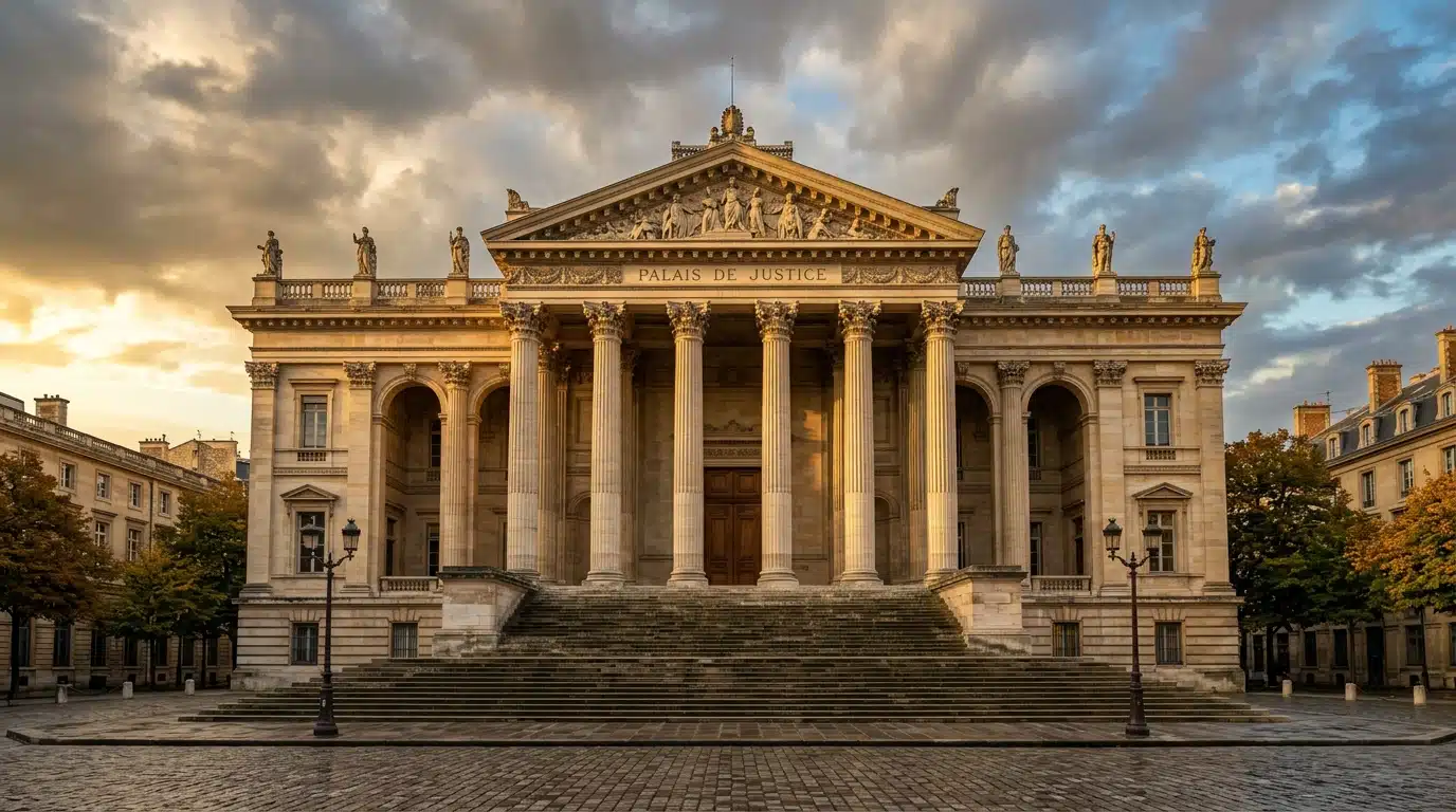 Façade d'un palais de justice français au soleil couchant