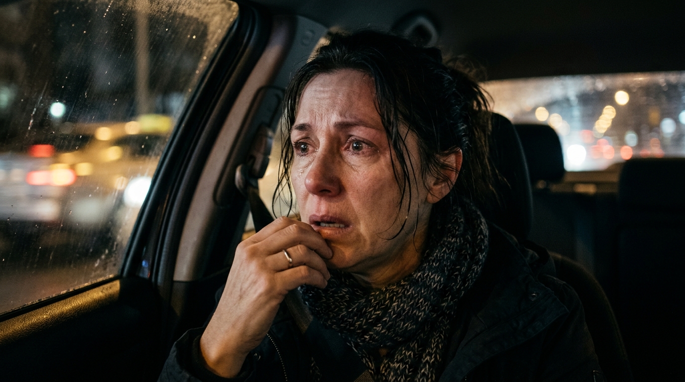 Visage de femme bouleversée dans une voiture la nuit