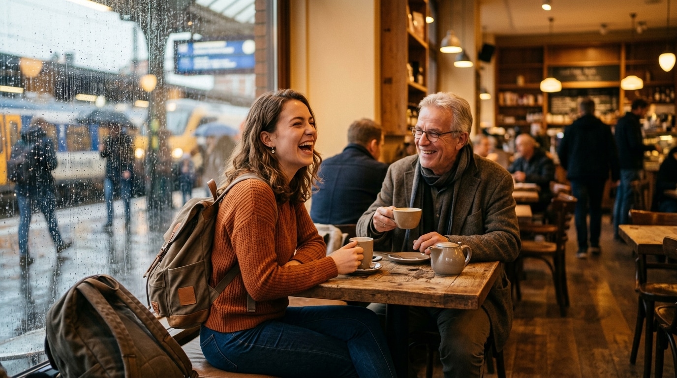 Voyageuse souriante discutant avec un inconnu dans un café de gare