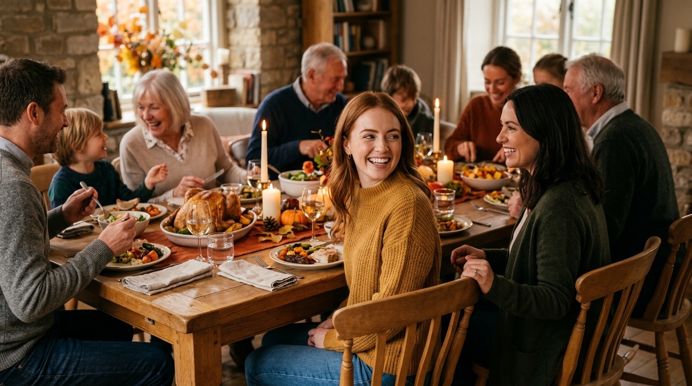 Repas de famille chaleureux avec un nouvel invité assis à table