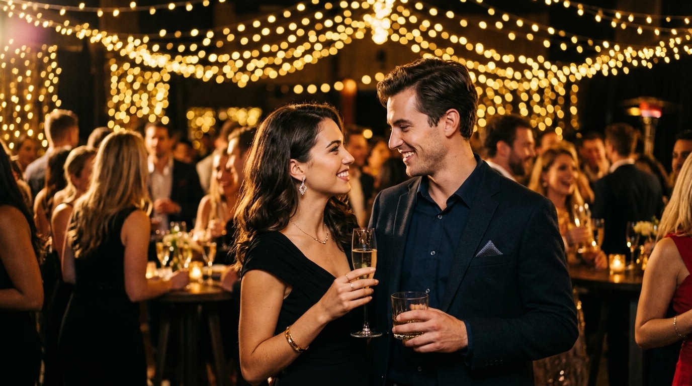 Deux personnes échangeant un regard complice lors d'une soirée entre amis