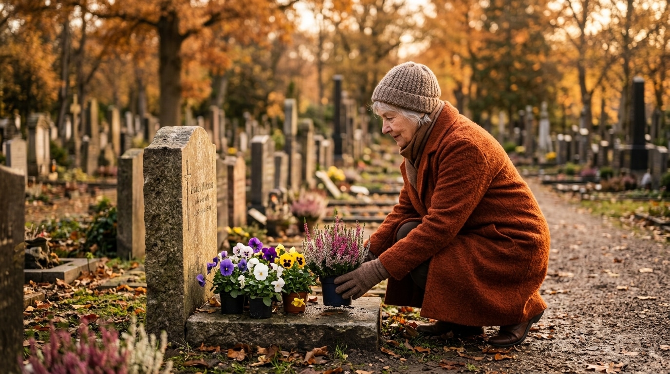 Femme âgée fleurissant une tombe avec bruyère et pensées