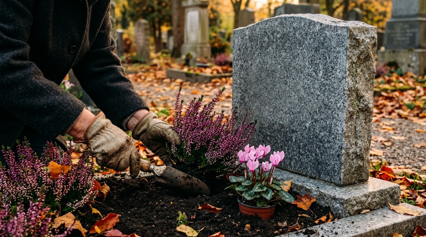 Mains plantant cyclamen et bruyère sur une tombe