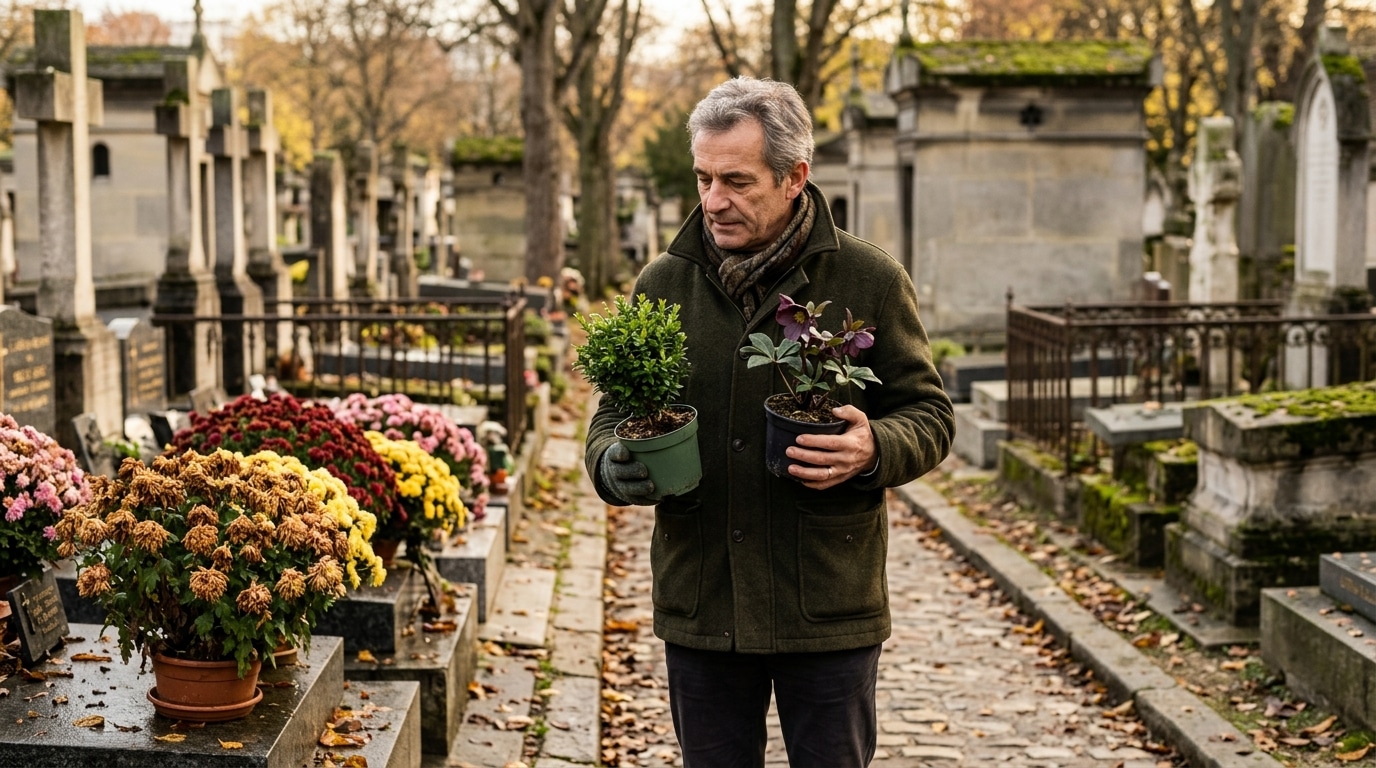 Homme comparant buis nain et hellébore au cimetière