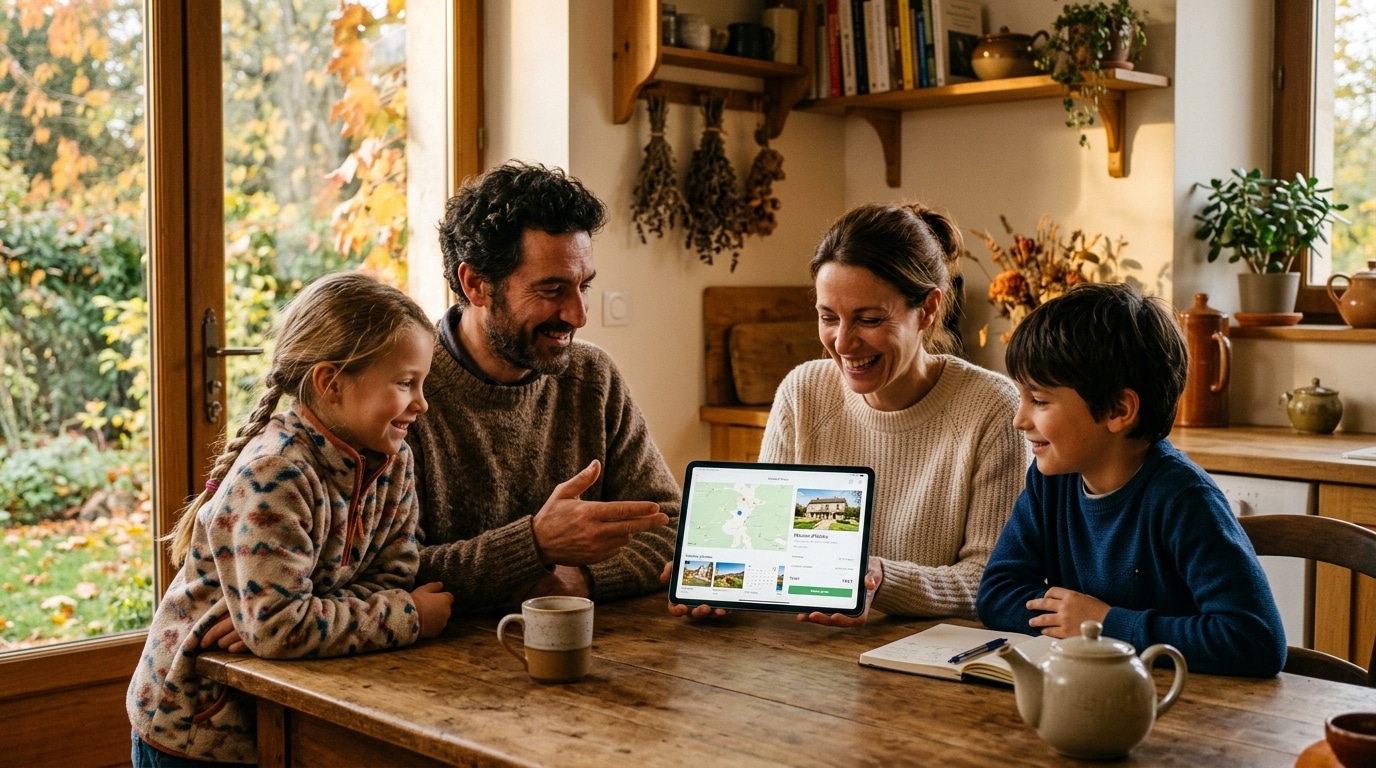 Famille consultant une réservation de vacances sur tablette
