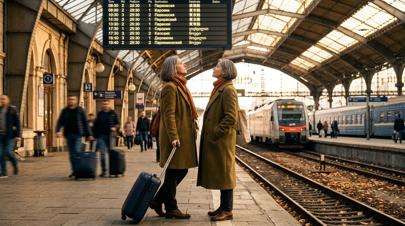 Femme regardant un panneau de départs en gare