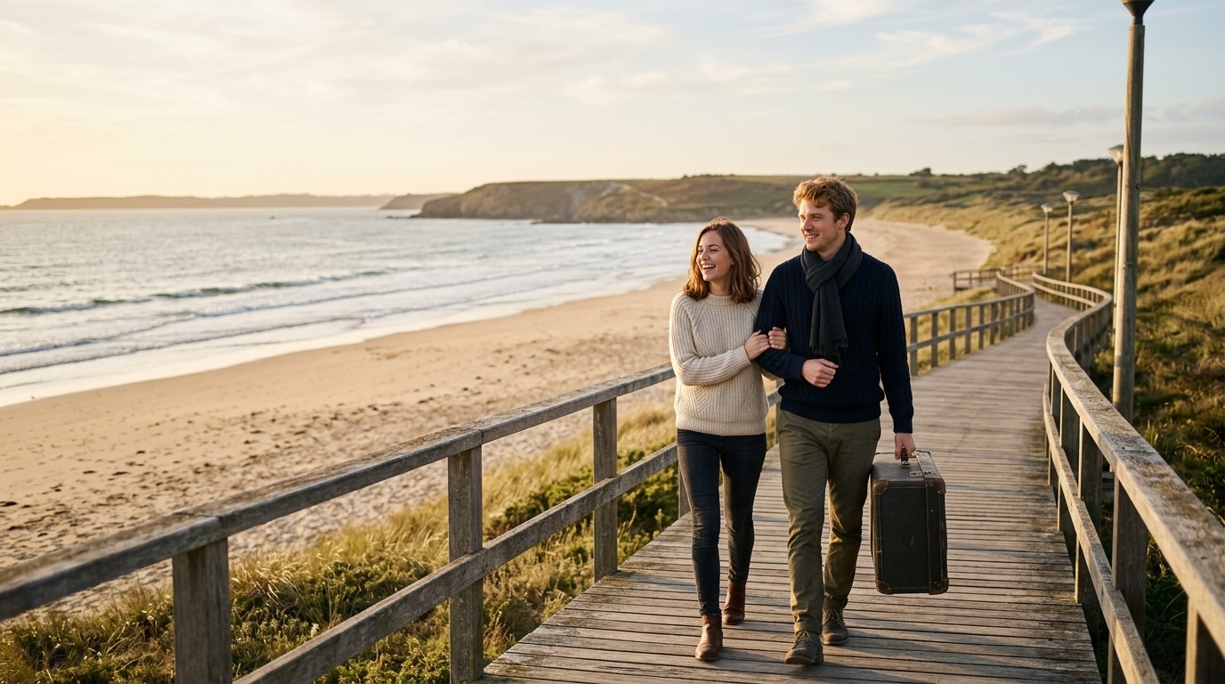 Couple marchant sur une promenade côtière en automne