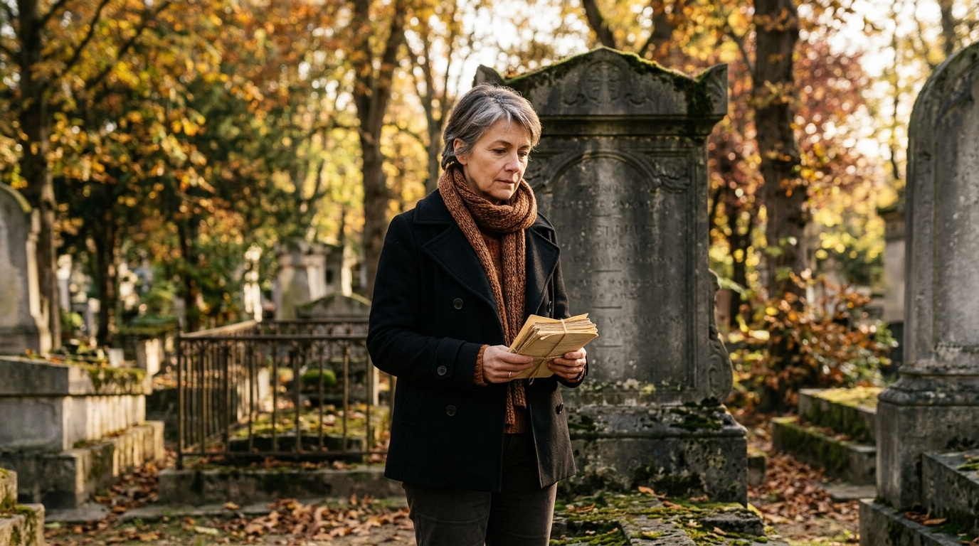 Femme se recueillant devant une tombe familiale ancienne
