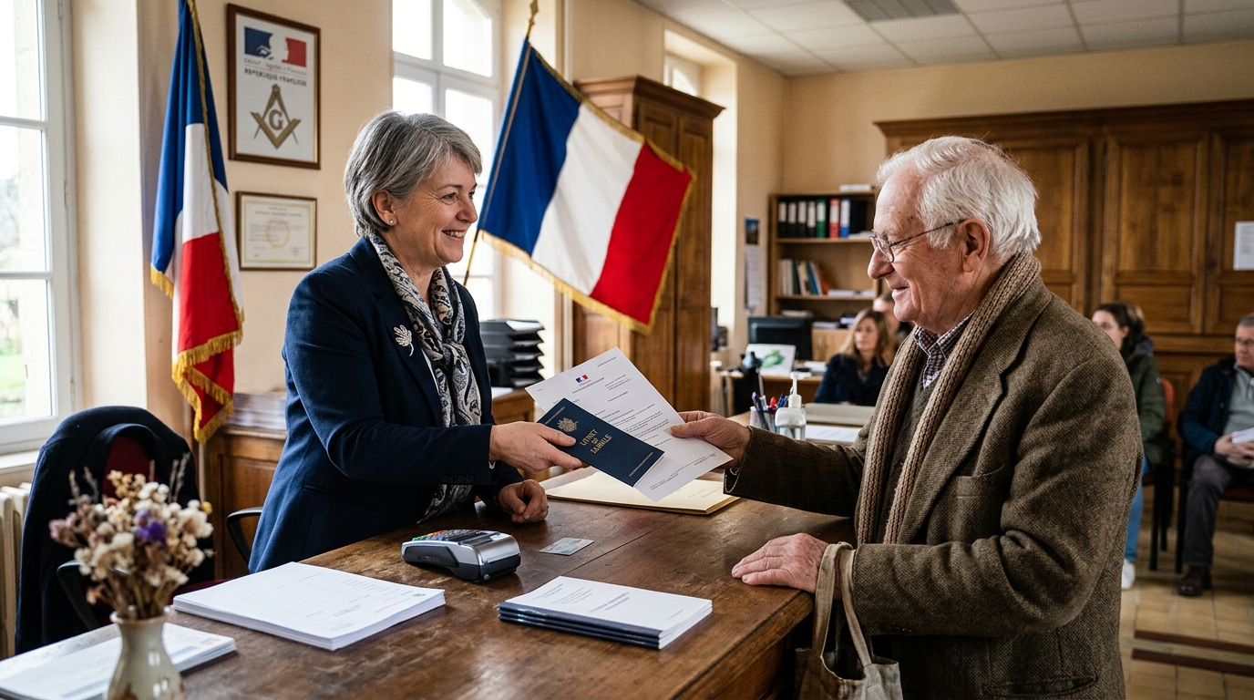 Agent municipal remettant des documents en mairie