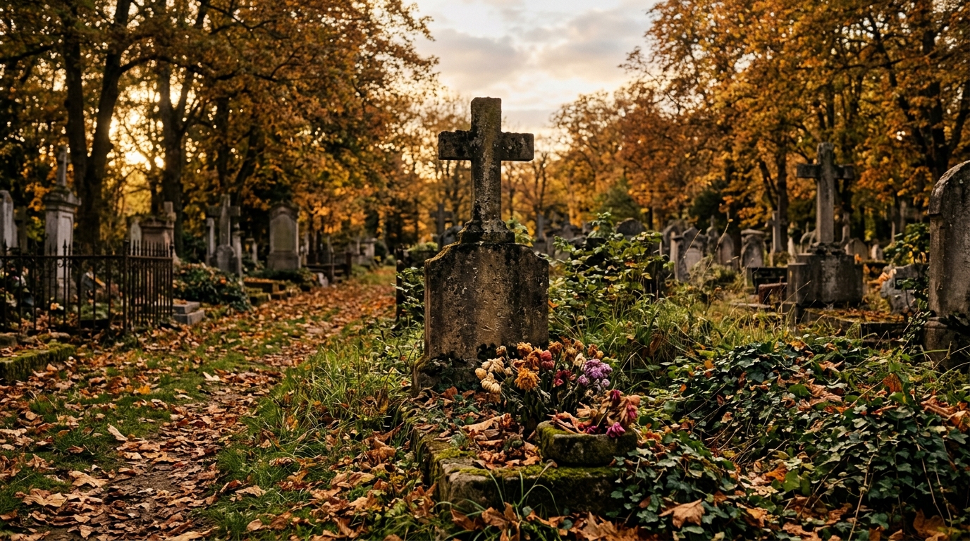 Tombe ancienne envahie par les herbes en cimetière