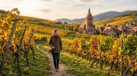 Vignes dorées d'automne près d'un village alsacien fortifié