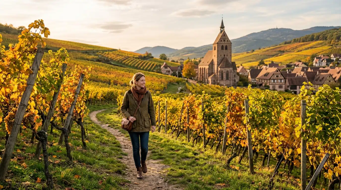 Vignes dorées d'automne près d'un village alsacien fortifié