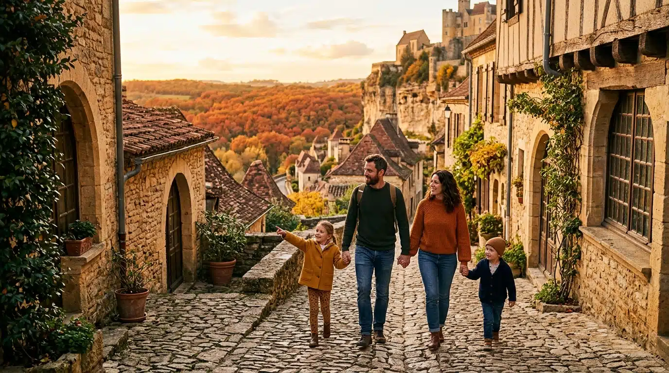 Famille se promenant dans un village médiéval en automne