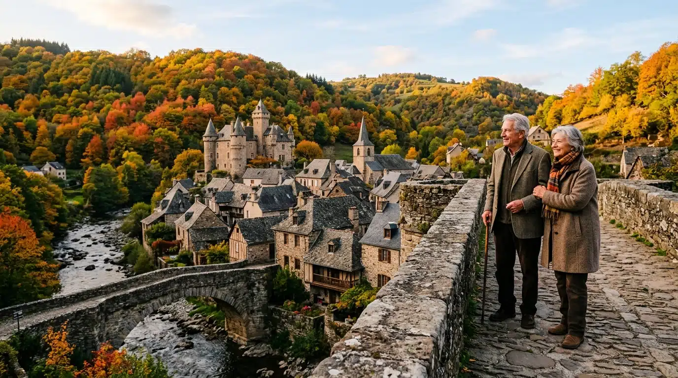 Village aux toits de lauze entouré de forêt automnale flamboyante