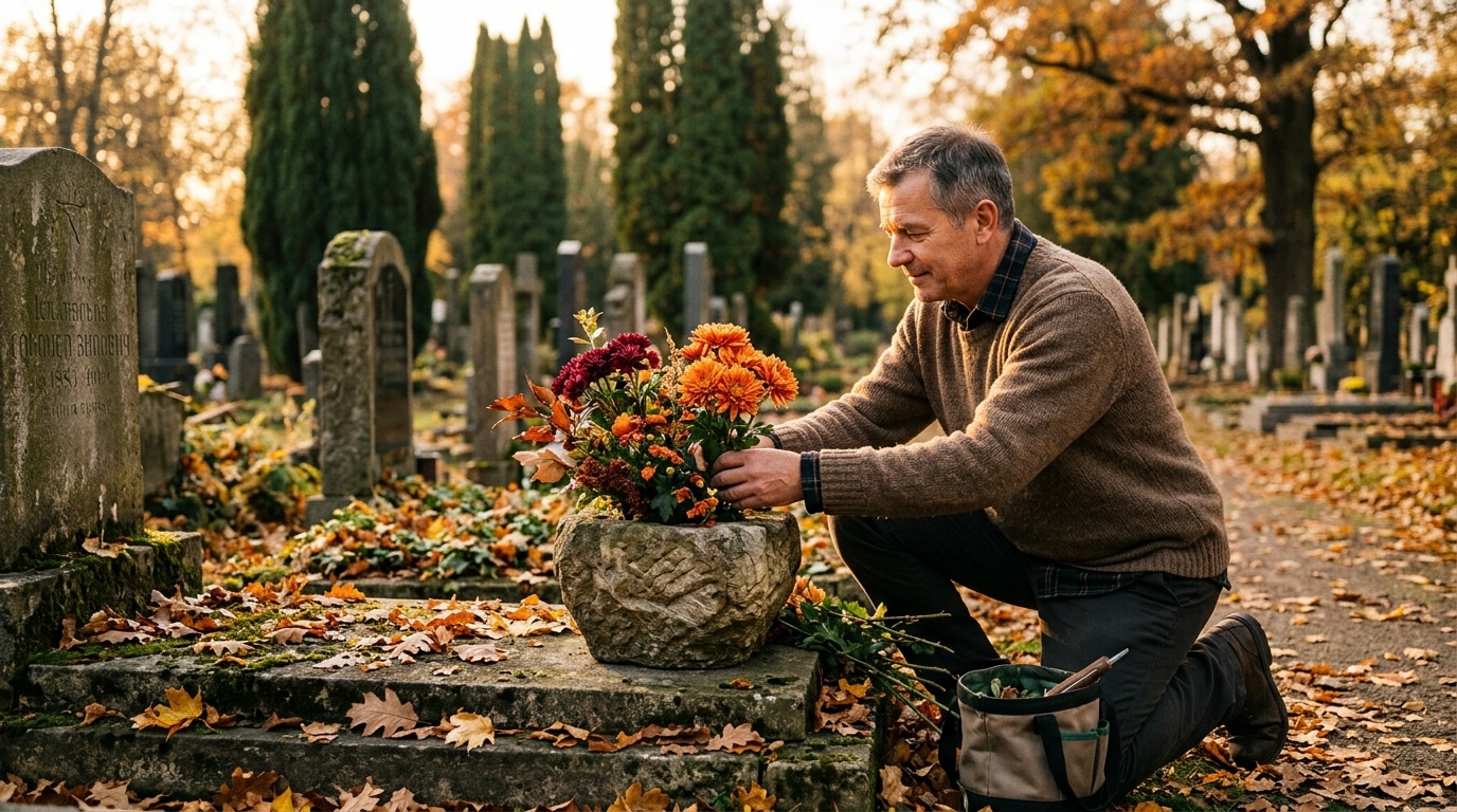 Homme disposant des chrysanthèmes sur une tombe