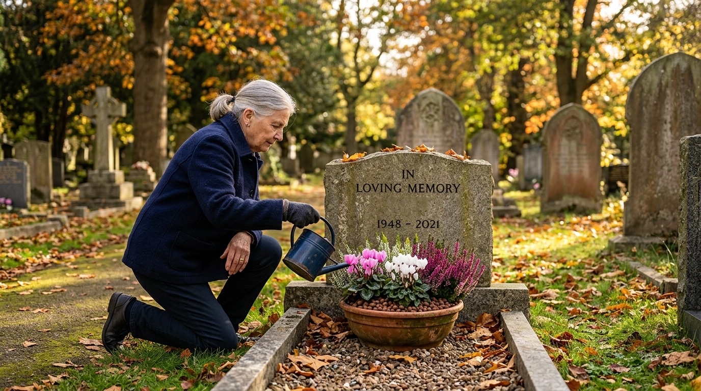 Arrosage d'une jardinière fleurie au cimetière